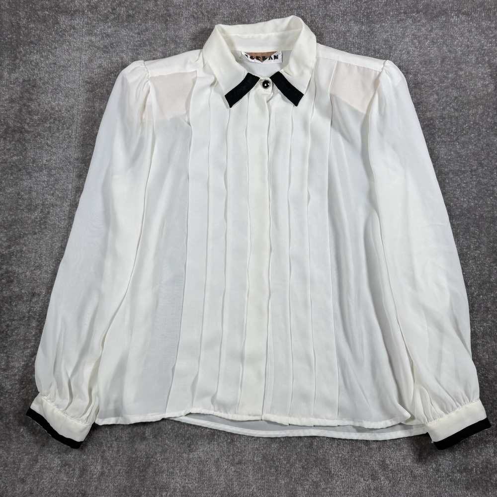 VTG Jordan Blouse Women's XL White Sheer Pleated Long Sleeve Office Librarian